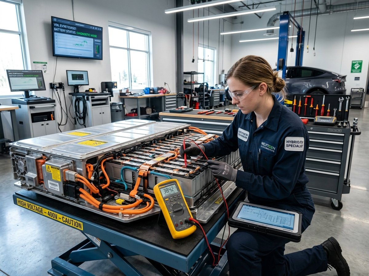 EV Technician performing diagnostic inspection on electric vehicle battery system